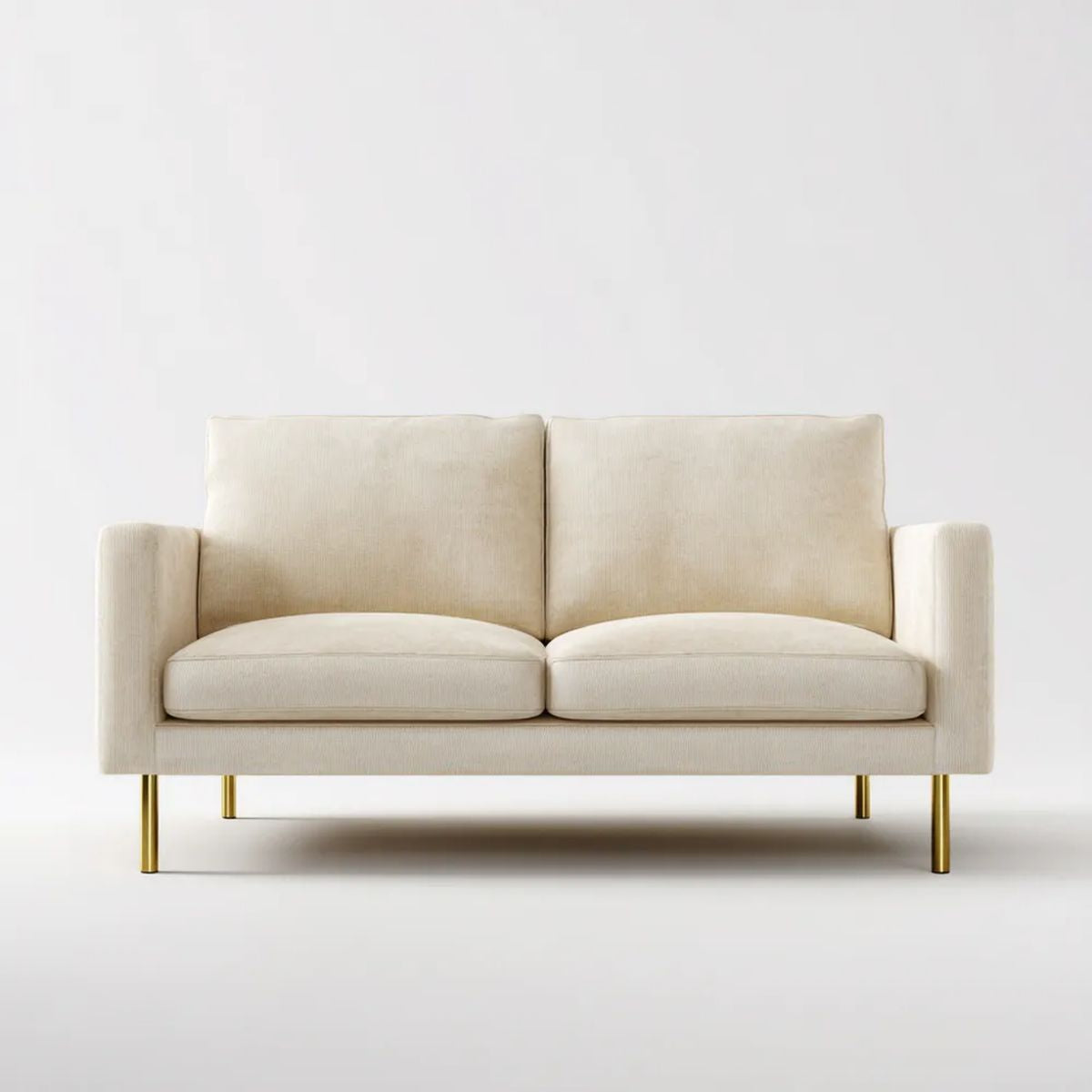 Dwuosobowa sofa kremowa z poliestru ze złotymi metalowymi nogami, 160 x 85 x 82 cm