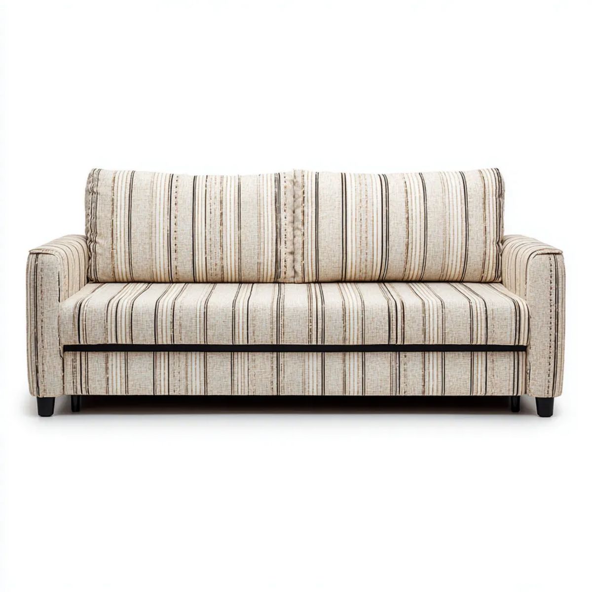 Dwuosobowa sofa beżowo-brązowa w czarne paski, tapicerowana tkaniną, 160 x 85 x 88 cm
