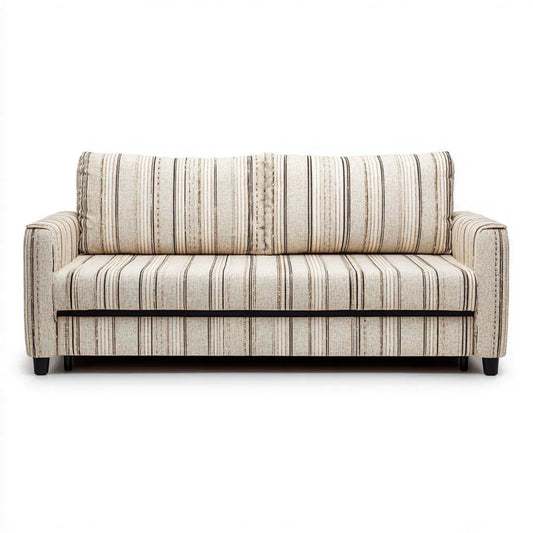 Dwuosobowa sofa beżowo-brązowa w czarne paski, tapicerowana tkaniną, 160 x 85 x 88 cm