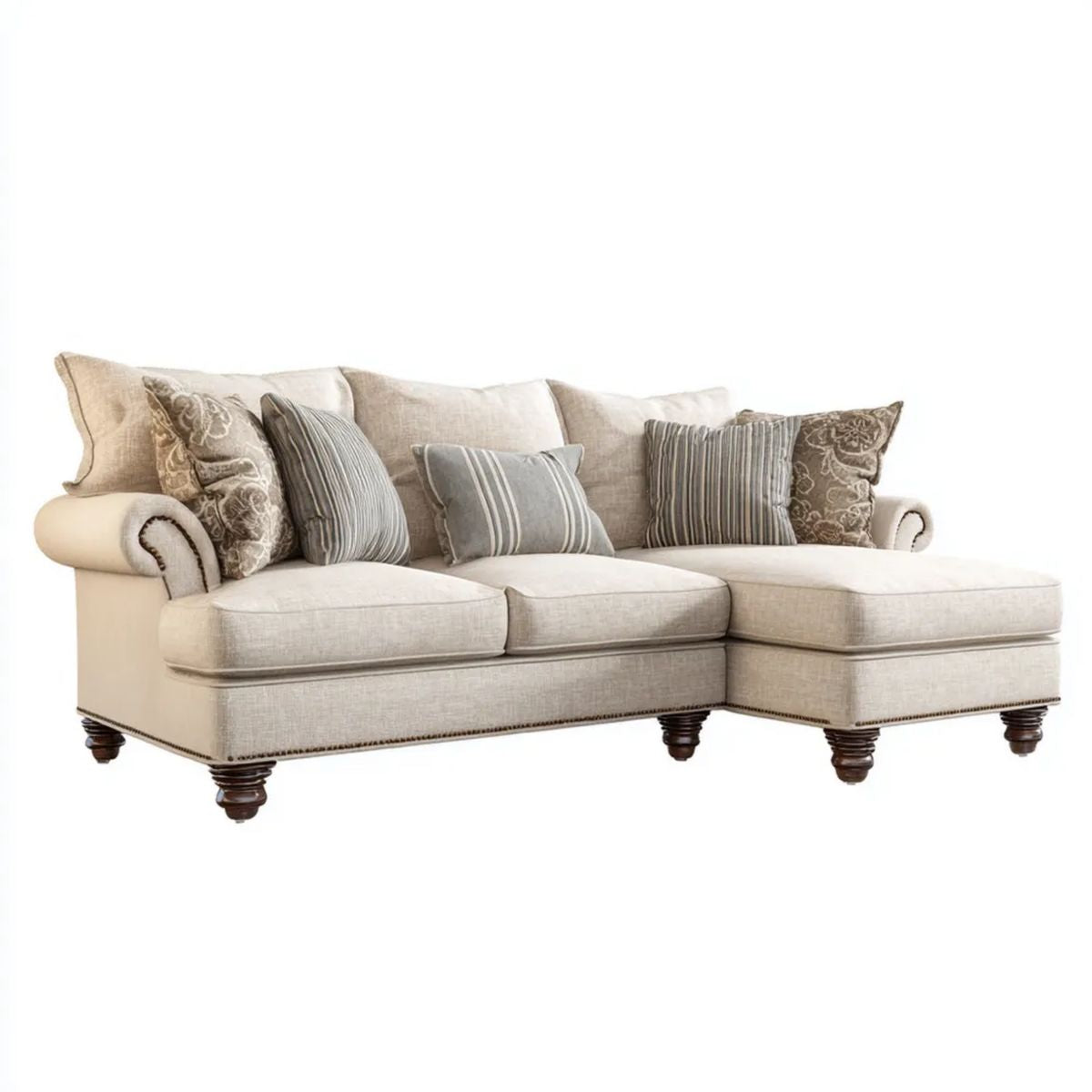 Beżowa sofa narożna z prawym szezlongiem z tkaniny poliestrowej, drewniane nogi, 260 × 165 × 90 cm
