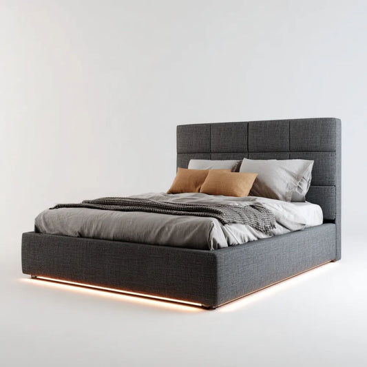 Łóżko podwójne tapicerowane ciemnoszare z zagłówkiem i oświetleniem LED 160 x 200 cm