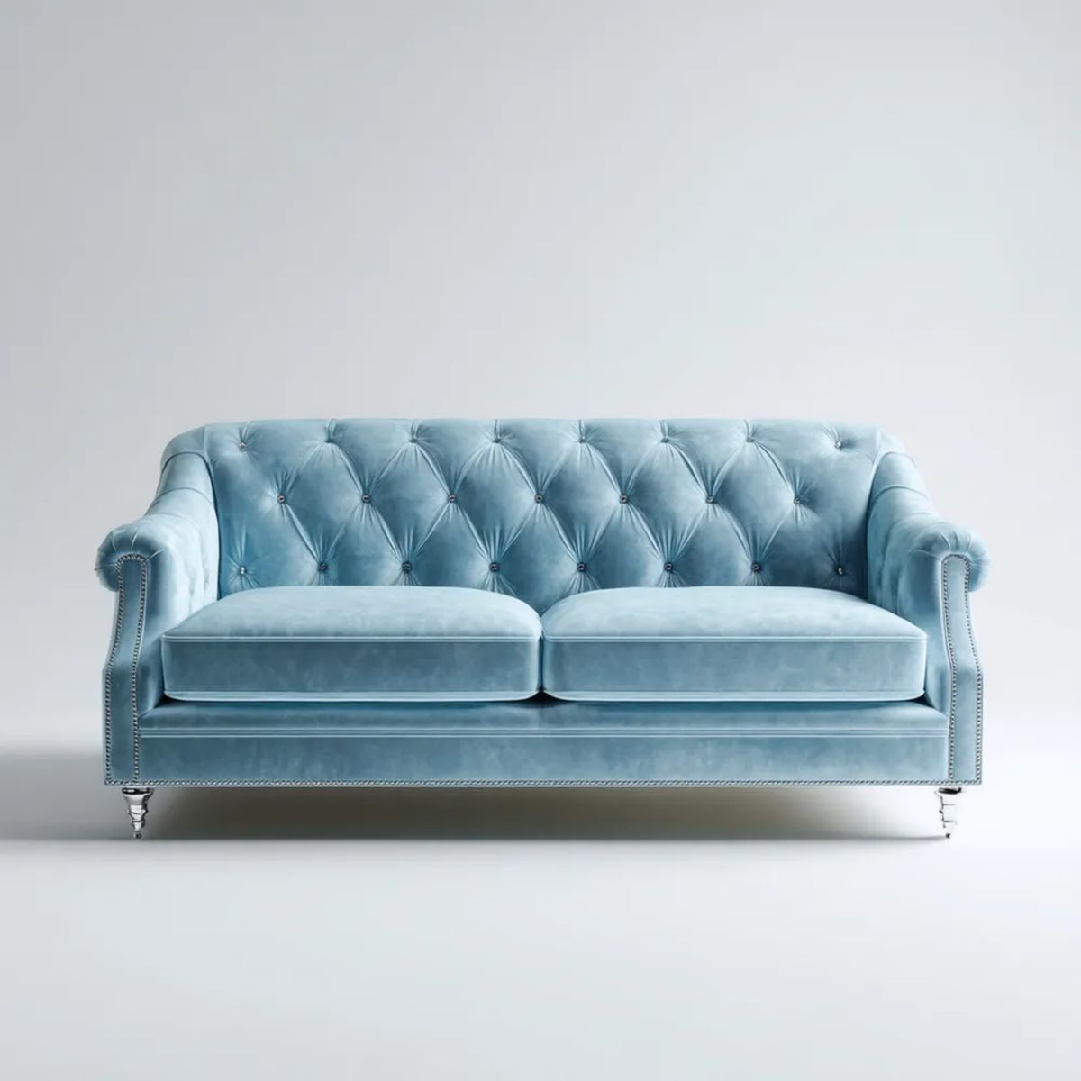 Dwuosobowa sofa aksamitna jasnoniebieska ze srebrnymi detalami 170 x 90 x 85 cm