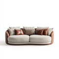 Trzyosobowa sofa beżowo-brązowa z tkaniny i skóry PU, 250 x 100 x 85 cm, zaokrąglona