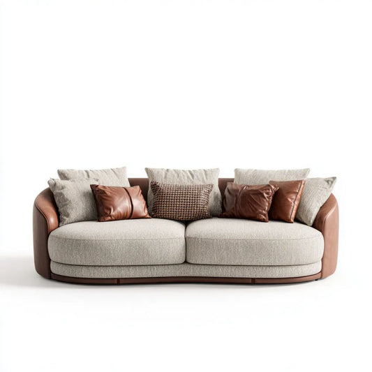 Trzyosobowa sofa beżowo-brązowa z tkaniny i skóry PU, 250 x 100 x 85 cm, zaokrąglona