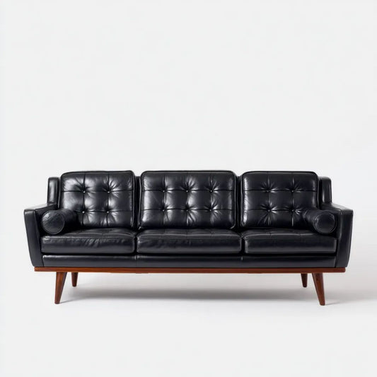 Trzyosobowa sofa z tapicerką PU i drewnianymi nogami, czarna/brązowa, 210 x 85 x 85 cm