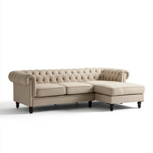 Beżowa sofa narożna Chesterfield z prawostronnym szezlongiem, tapicerowana poliestrem, 250 × 160 × 78 cm