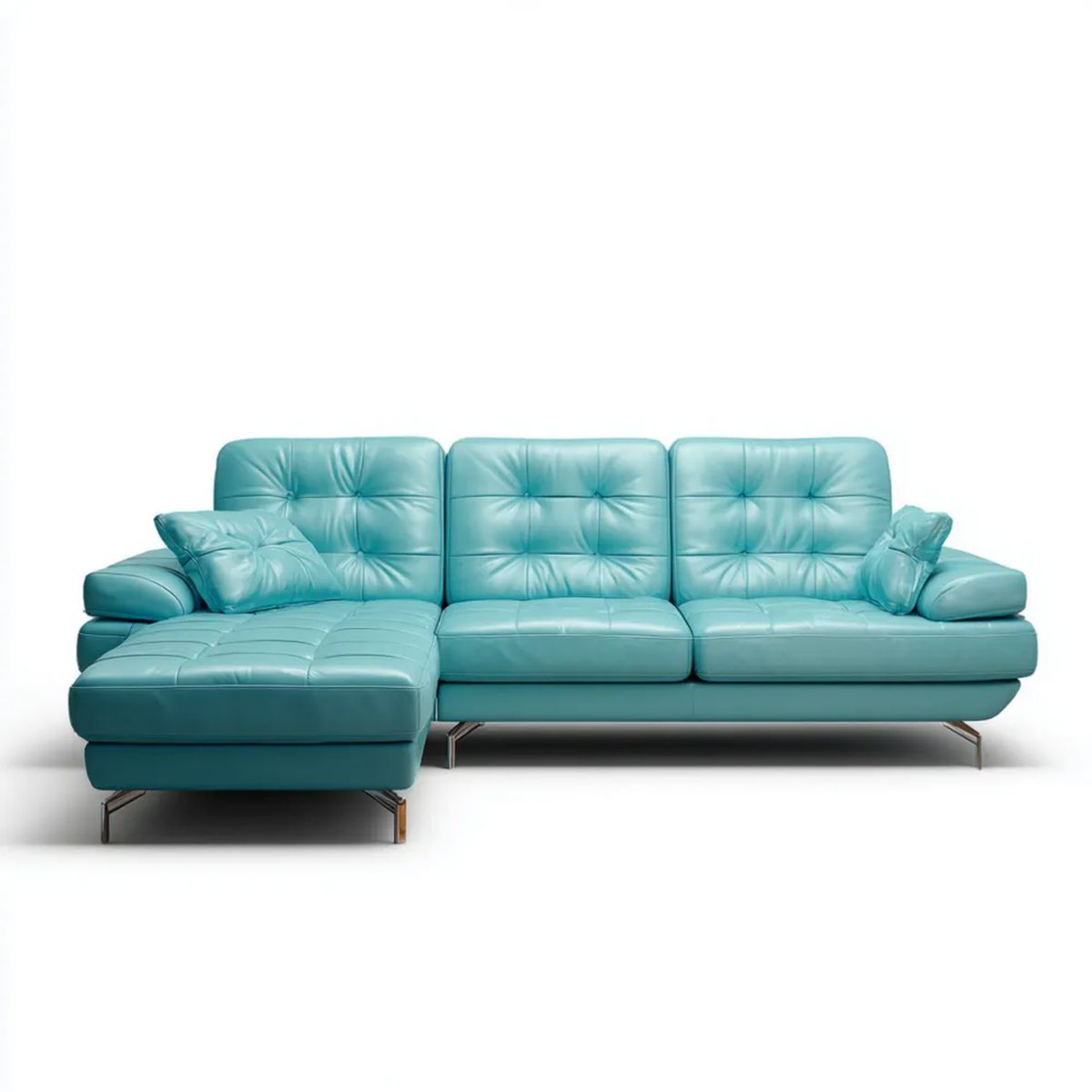 Turkusowa sofa narożna w kształcie L z lewym szezlongiem, tapicerka z ekoskóry, 270 x 160 x 88 cm