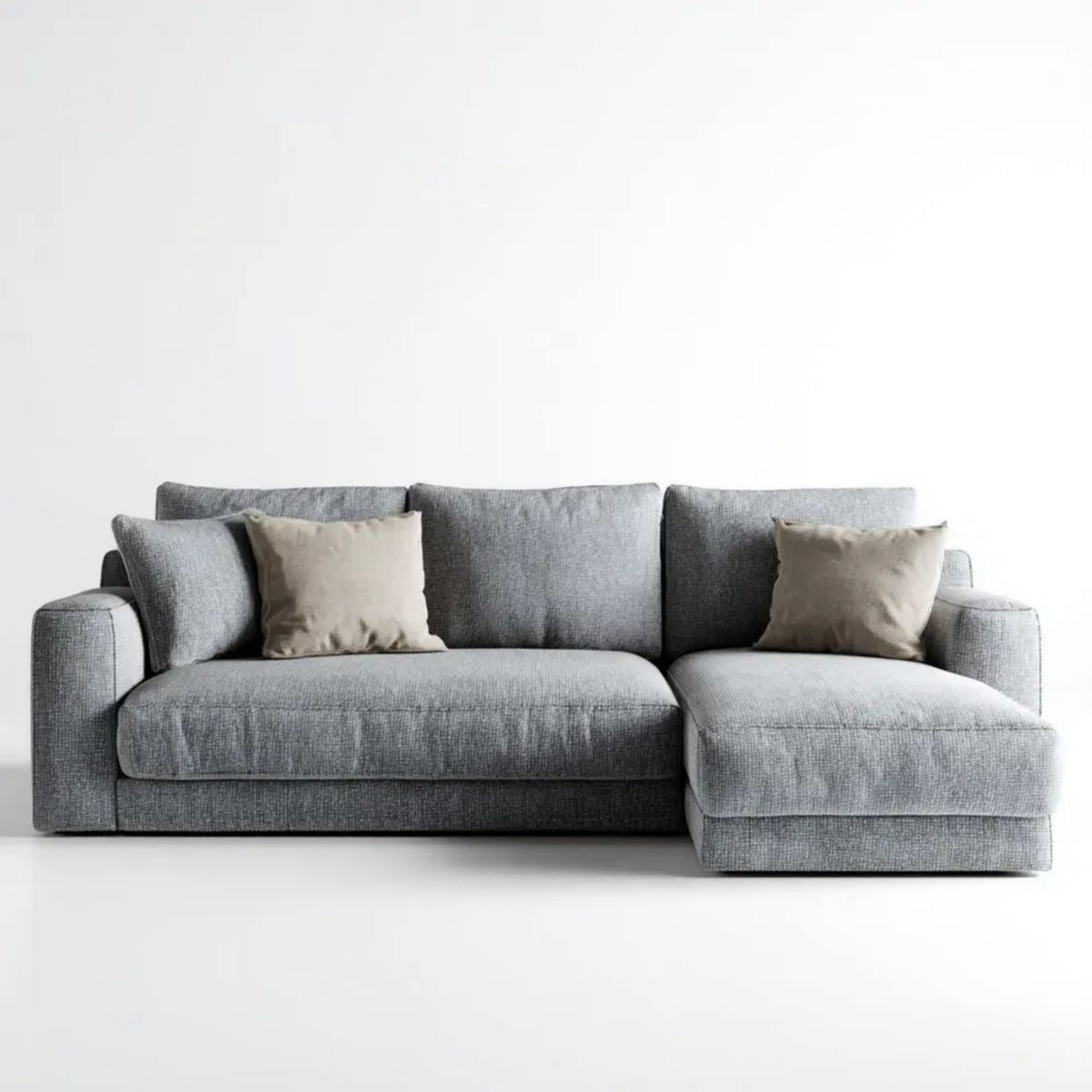 Szara sofa narożna w kształcie L z prawostronnym szezlongiem, tapicerowana tkaniną, 260 × 160 × 85 cm