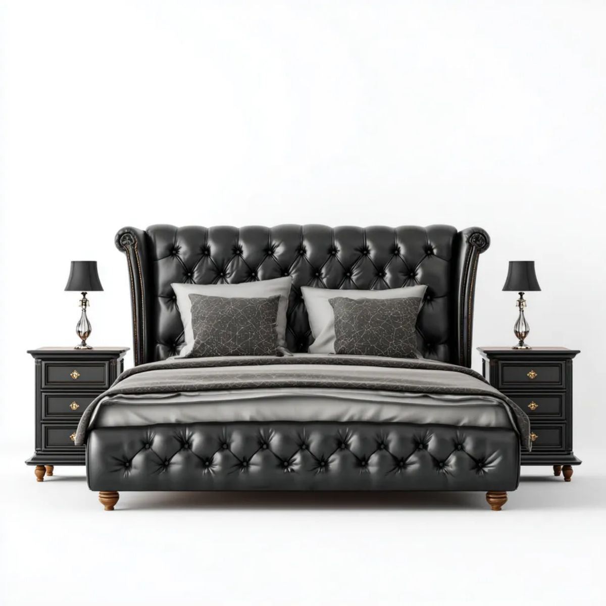 Łóżko podwójne Chesterfield ze stolikami nocnymi, czarno-złote, 180 x 200 cm