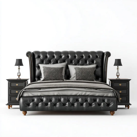 Łóżko podwójne Chesterfield ze stolikami nocnymi, czarno-złote, 180 x 200 cm