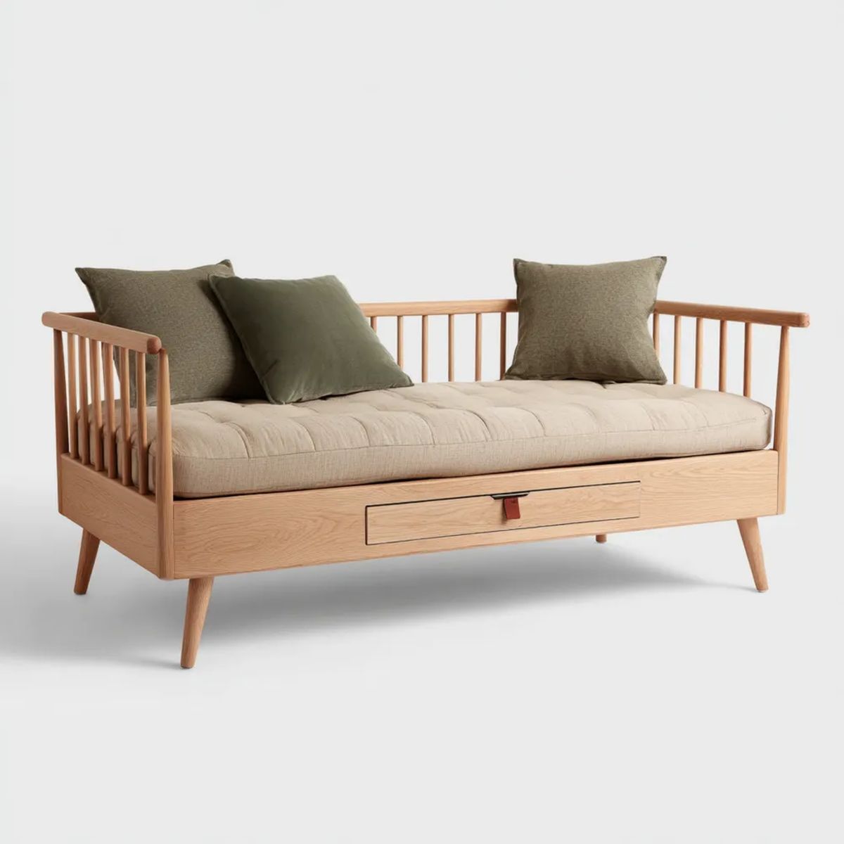 Dwuosobowa sofa z litego drewna dębowego z szufladą, jasnobrązowa/beżowa/oliwkowozielona, 200 x 90 x 85 cm