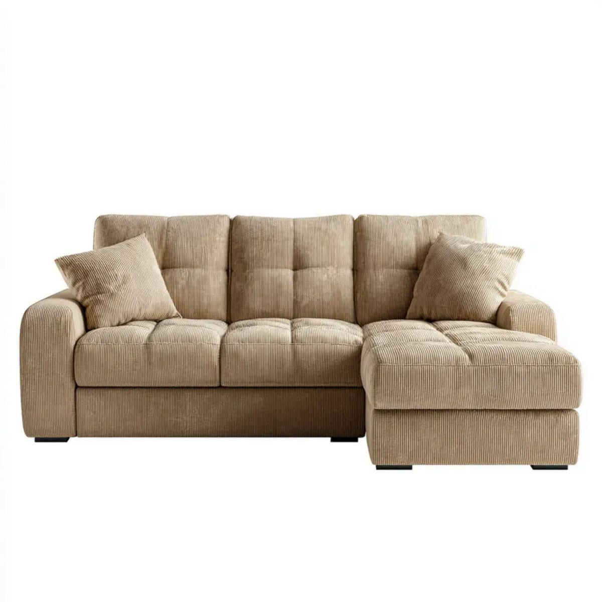 Beżowa sofa narożna z prawostronnym szezlongiem, tapicerka sztruksowa, 250 × 160 × 85 cm